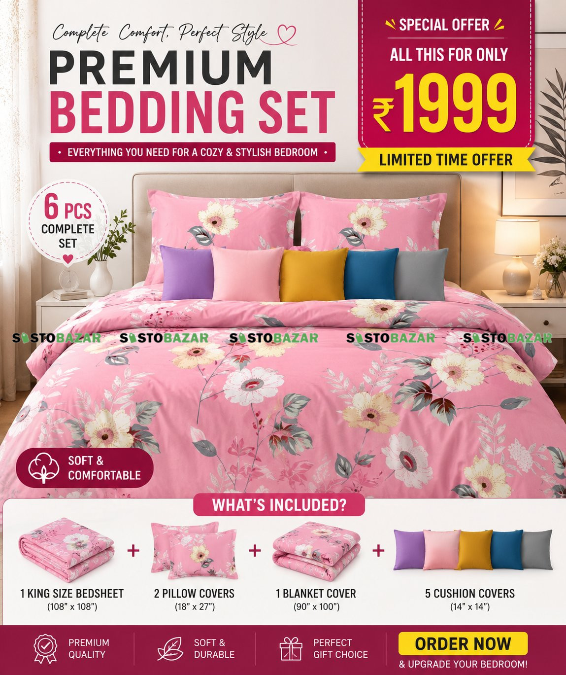 Bedsheet set 4 psc with 5 Psc Cushion Covers